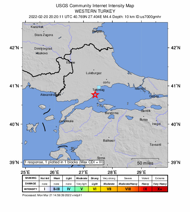 USGS DYFI community-reported intensity map for the M4.4 earthquake near 13 km SSW of Kumba?, Turkey