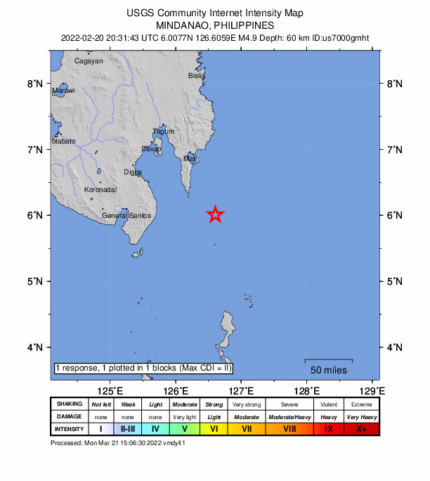 USGS DYFI community-reported intensity map for the M4.9 earthquake near 61 km SE of Pondaguitan, Philippines