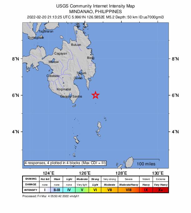 USGS DYFI community-reported intensity map for the M5.2 earthquake near 59 km SE of Pondaguitan, Philippines