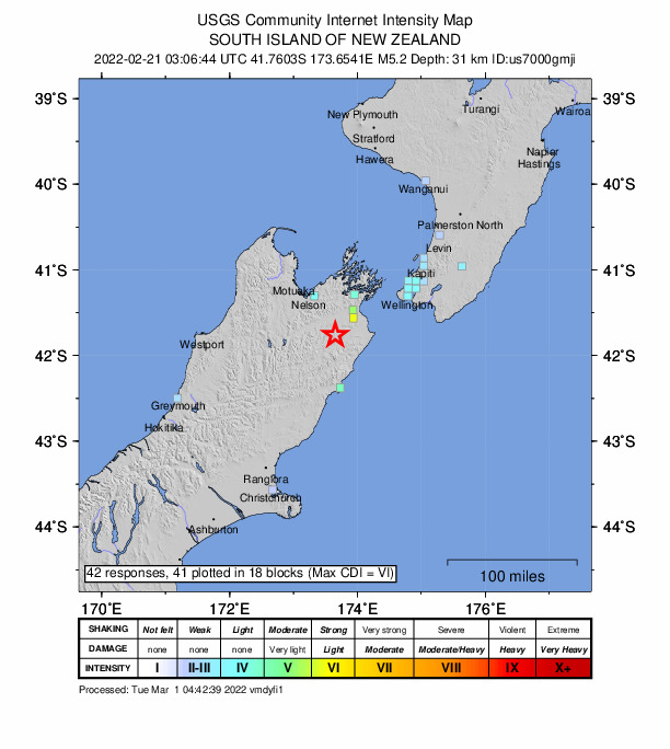 USGS DYFI community-reported intensity map for the M5.2 earthquake near 36 km SW of Blenheim, New Zealand