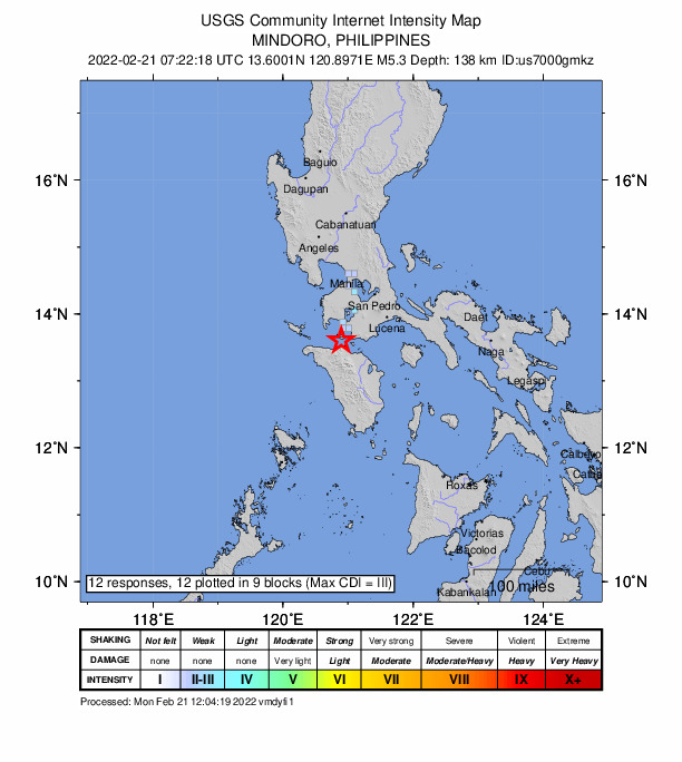 USGS DYFI community-reported intensity map for the M5.3 earthquake near 6 km S of Tingloy, Philippines
