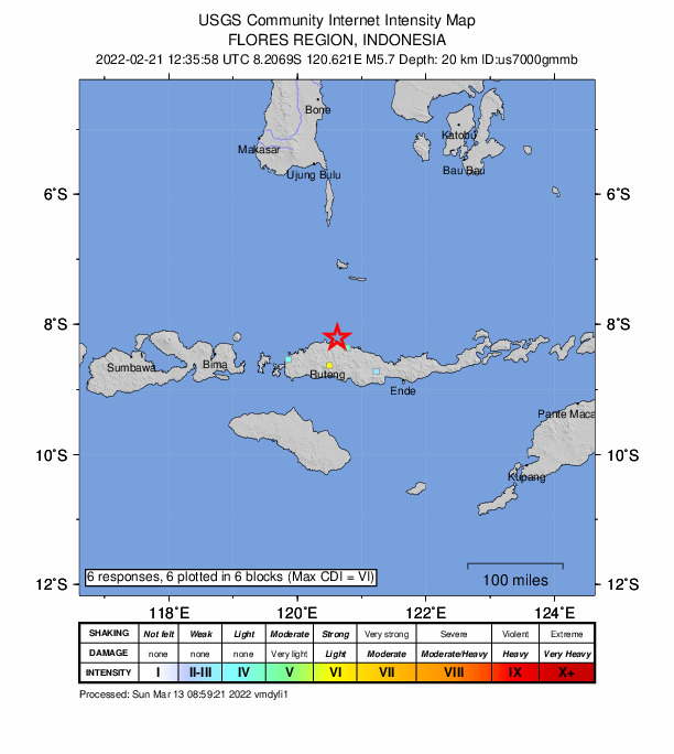 USGS DYFI community-reported intensity map for the M5.7 earthquake near 47 km NNE of Ruteng, Indonesia