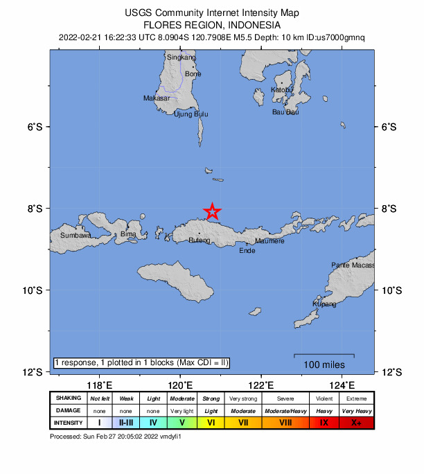 USGS DYFI community-reported intensity map for the M5.5 earthquake near 67 km NNE of Ruteng, Indonesia