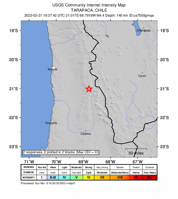 USGS DYFI community-reported intensity map for the M4.4 earthquake near 159 km N of Calama, Chile
