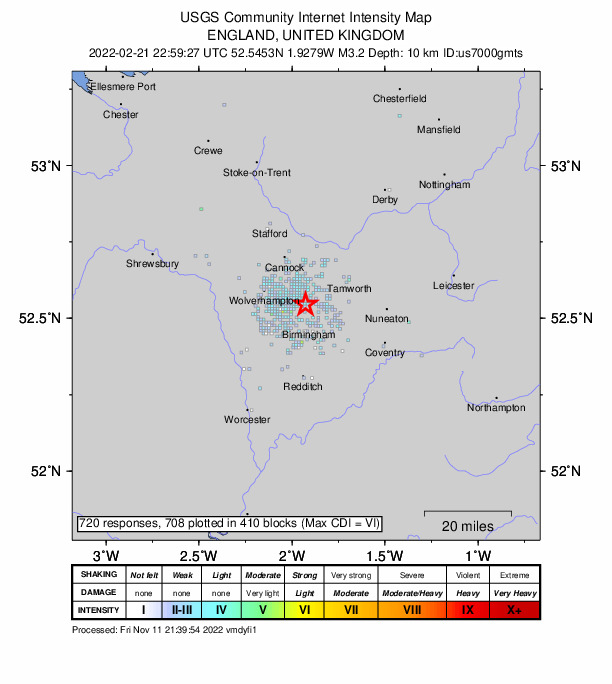 USGS DYFI community-reported intensity map for the M3.2 earthquake near 5 km N of Hockley, United Kingdom