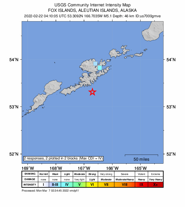 USGS DYFI community-reported intensity map for the M5.1 earthquake near 70 km S of Unalaska, Alaska