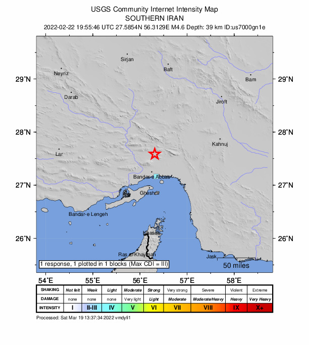 USGS DYFI community-reported intensity map for the M4.6 earthquake near 46 km N of Bandar Abbas, Iran
