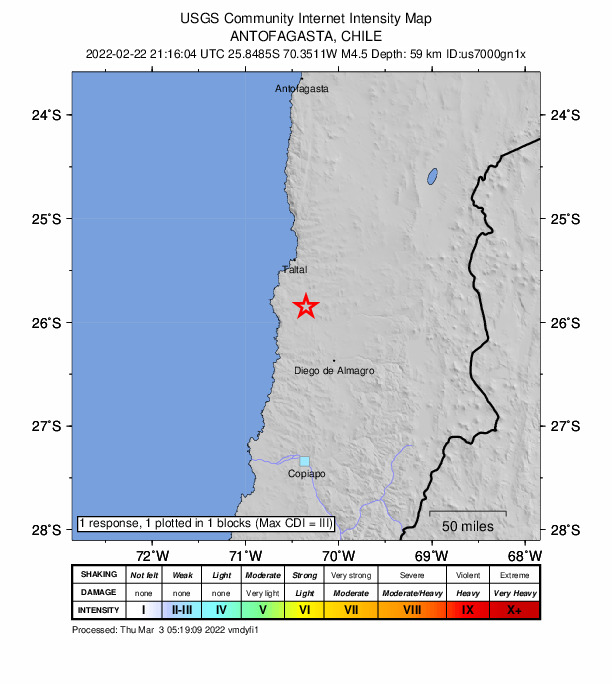 USGS DYFI community-reported intensity map for the M4.5 earthquake near 50 km SSE of Taltal, Chile