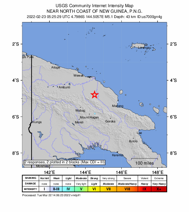USGS DYFI community-reported intensity map for the M5.1 earthquake near 96 km SSE of Angoram, Papua New Guinea