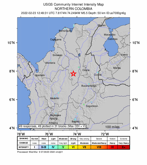 USGS DYFI community-reported intensity map for the M5.5 earthquake near 26 km SW of Santa Rosa del Sur, Colombia