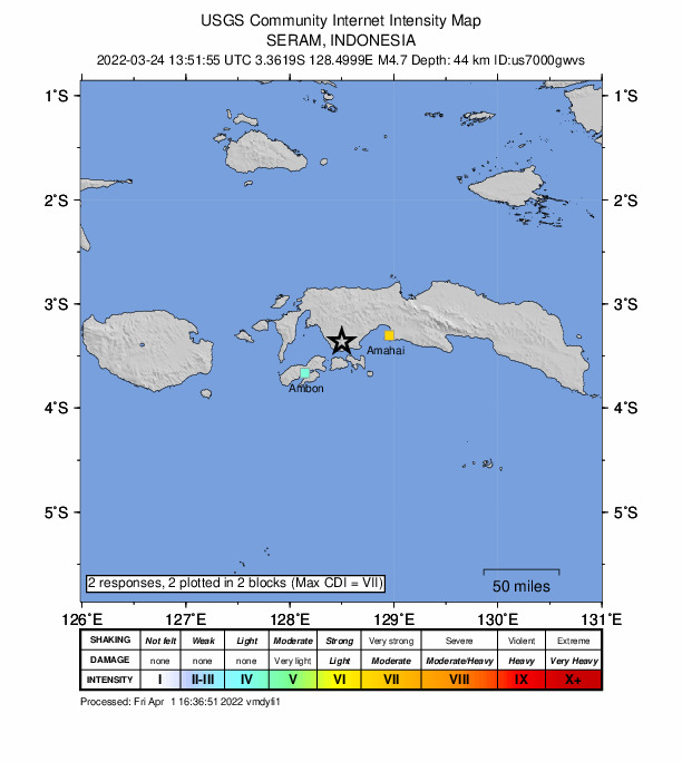 USGS DYFI community-reported intensity map for the M4.7 earthquake near 46 km W of Amahai, Indonesia