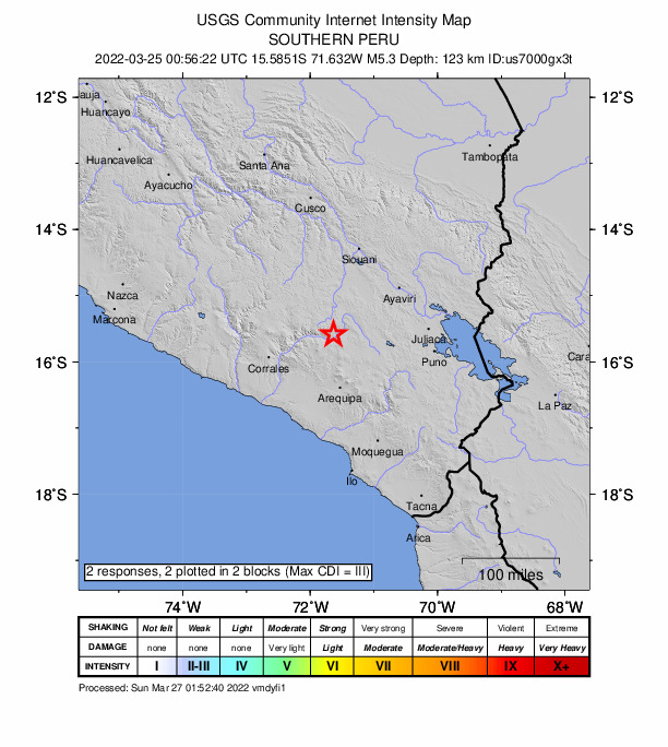 USGS DYFI community-reported intensity map for the M5.3 earthquake near 6 km NNW of Chivay, Peru