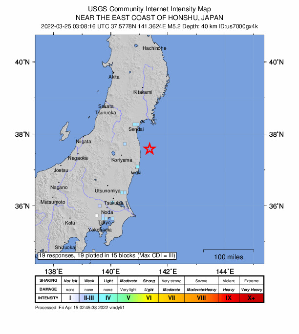 USGS DYFI community-reported intensity map for the M5.2 earthquake near near the east coast of Honshu, Japan