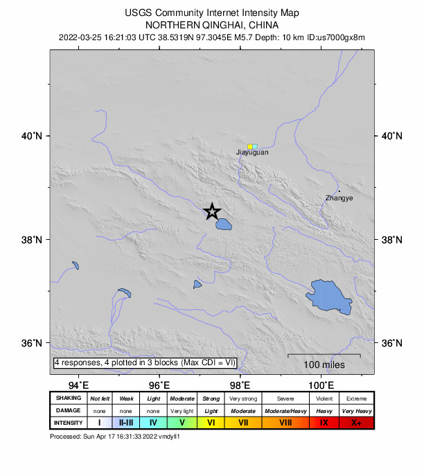 USGS DYFI community-reported intensity map for the M5.7 earthquake near 148 km SSW of Laojunmiao, China