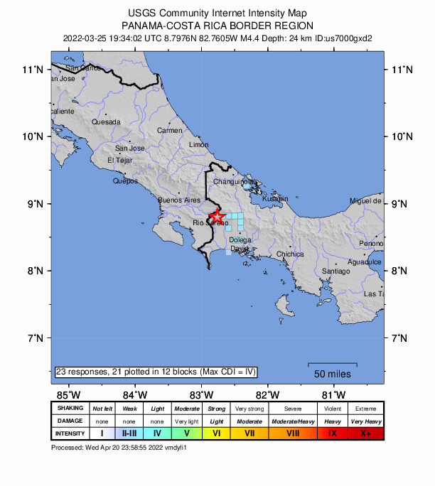 USGS DYFI community-reported intensity map for the M4.4 earthquake near 4 km SSE of Santa Clara, Panama