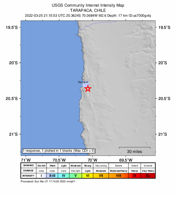 USGS DYFI community-reported intensity map for the M2.6 earthquake near 18 km SSE of Iquique, Chile
