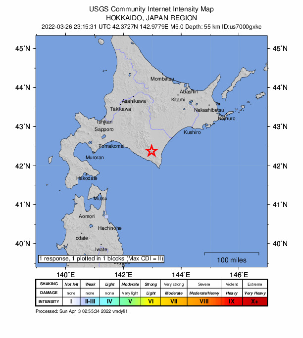 USGS DYFI community-reported intensity map for the M5.0 earthquake near 50 km E of Shizunai-furukawach?, Japan