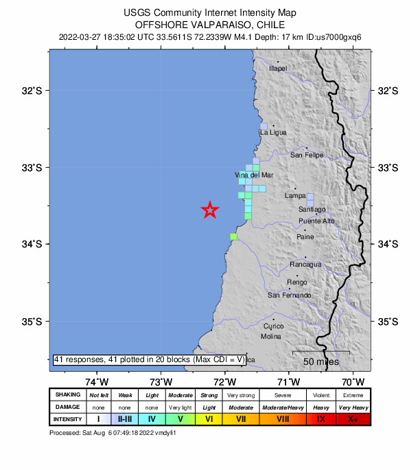 USGS DYFI community-reported intensity map for the M4.1 earthquake near 58 km W of Cartagena, Chile