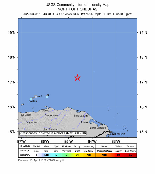 USGS DYFI community-reported intensity map for the M5.4 earthquake near 152 km ENE of Savannah Bight, Honduras