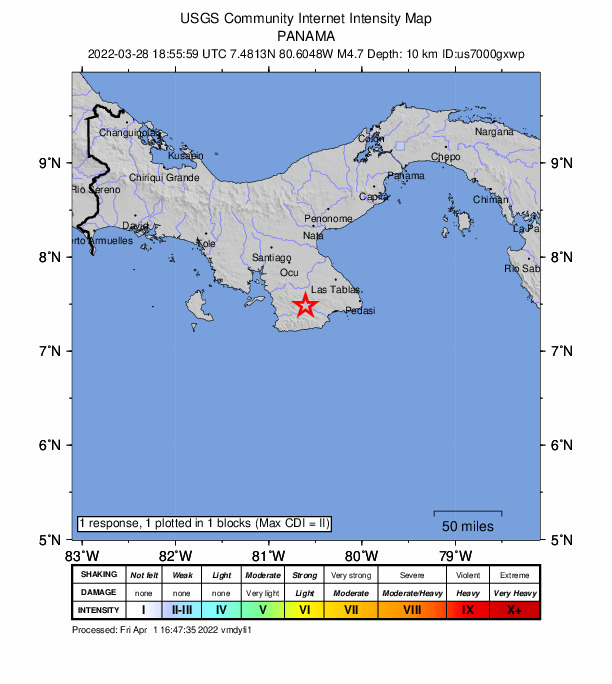 USGS DYFI community-reported intensity map for the M4.7 earthquake near 5 km NNW of La Tronosa, Panama