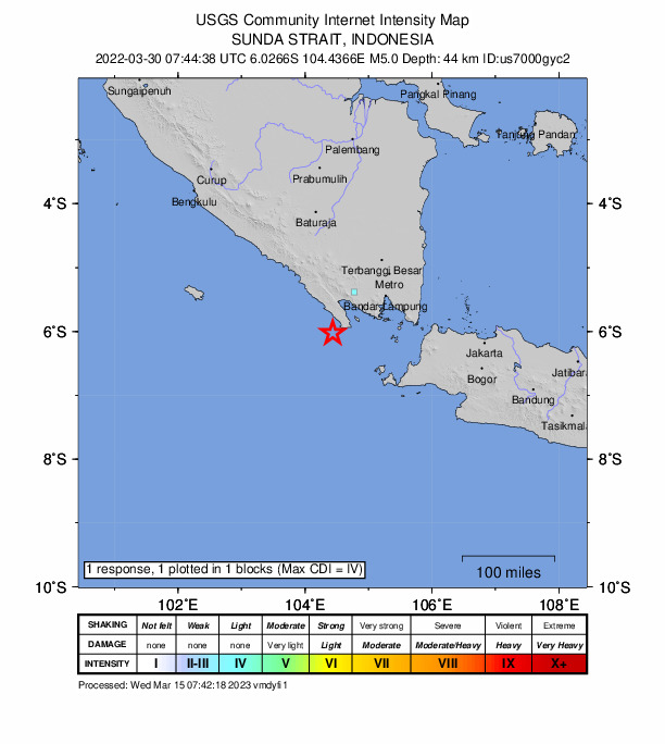 USGS DYFI community-reported intensity map for the M5.0 earthquake near 112 km SW of Bandar Lampung, Indonesia