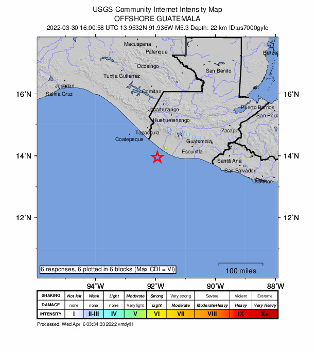 USGS DYFI community-reported intensity map for the M5.3 earthquake near 37 km S of Champerico, Guatemala