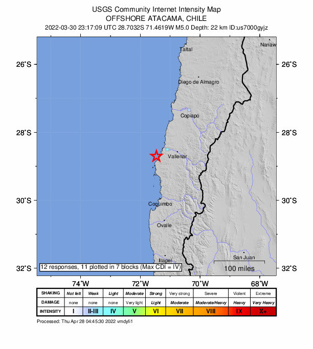 USGS DYFI community-reported intensity map for the M5.0 earthquake near 70 km WSW of Vallenar, Chile