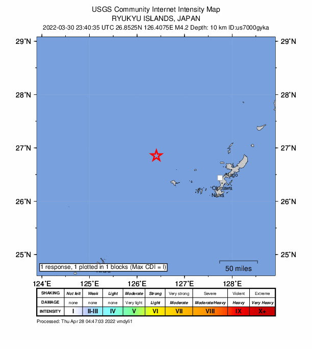 USGS DYFI community-reported intensity map for the M4.2 earthquake near 145 km WNW of Naha, Japan