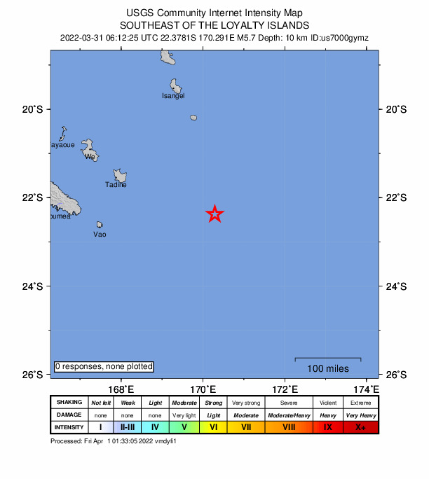 USGS DYFI community-reported intensity map for the M5.6 earthquake near 271 km ESE of Tadine, New Caledonia