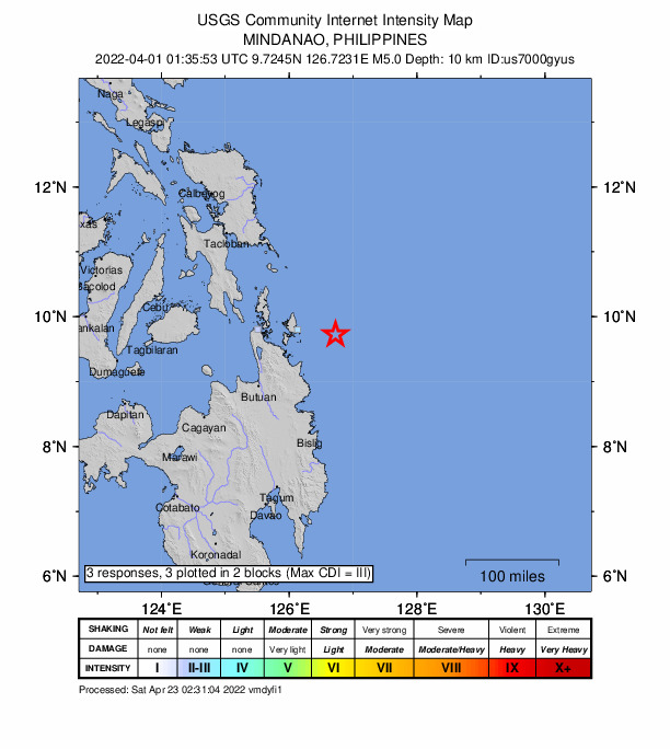 USGS DYFI community-reported intensity map for the M5.0 earthquake near 67 km E of Union, Philippines