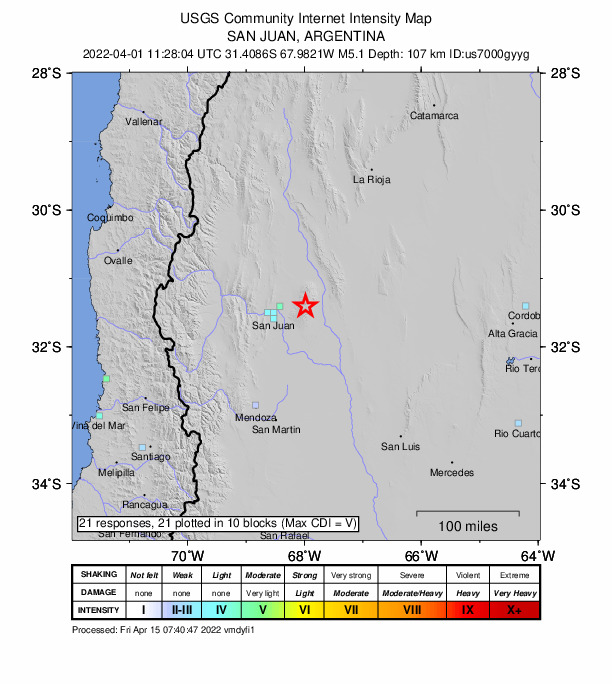USGS DYFI community-reported intensity map for the M5.1 earthquake near 37 km NE of Caucete, Argentina