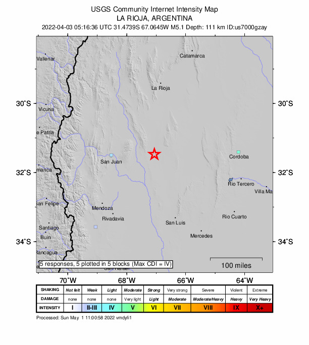 USGS DYFI community-reported intensity map for the M5.1 earthquake near 100 km SSE of San Agustín de Valle Fértil, Argentina