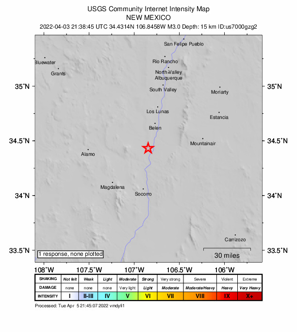 USGS DYFI community-reported intensity map for the M3.0 earthquake near 7 km WSW of Abeytas, New Mexico