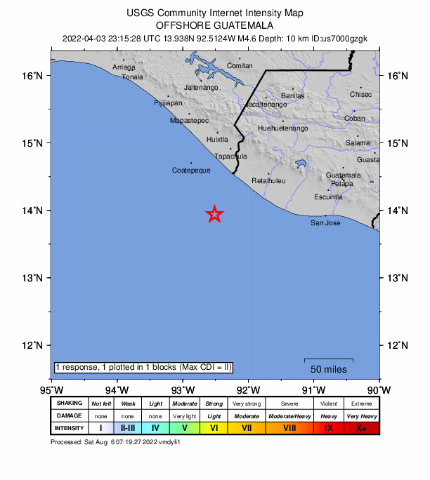 USGS DYFI community-reported intensity map for the M4.6 earthquake near 72 km SSW of Ocós, Guatemala