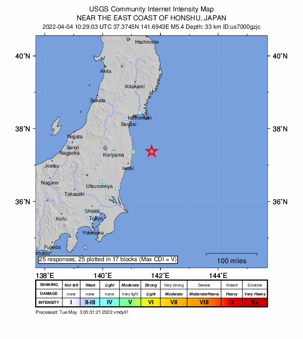 USGS DYFI community-reported intensity map for the M5.4 earthquake near 61 km ESE of Namie, Japan