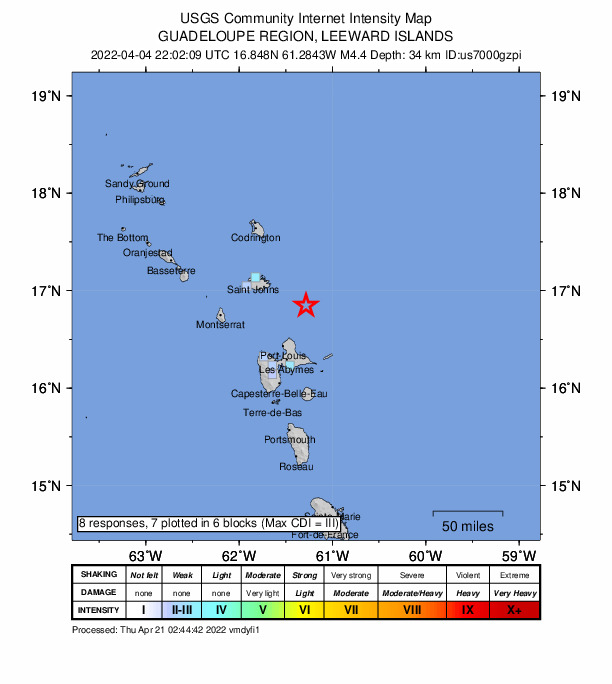 USGS DYFI community-reported intensity map for the M4.4 earthquake near 47 km NNE of Anse-Bertrand, Guadeloupe