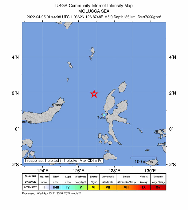 USGS DYFI community-reported intensity map for the M5.9 earthquake near 128 km W of Tobelo, Indonesia