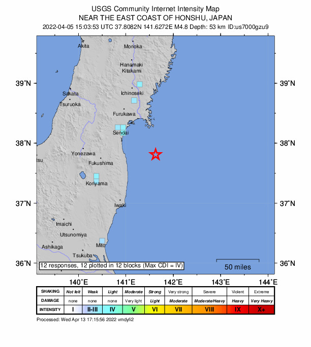 USGS DYFI community-reported intensity map for the M4.8 earthquake near 66 km ENE of Namie, Japan