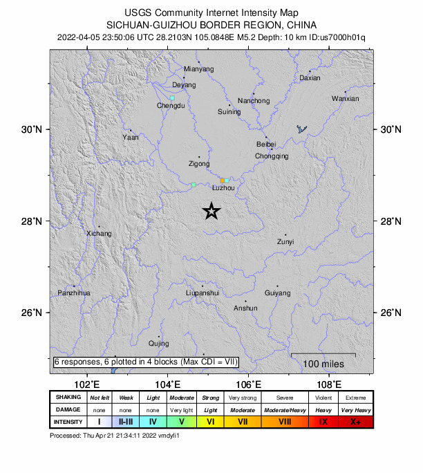 USGS DYFI community-reported intensity map for the M4.6 earthquake near 44 km SE of Xunchang, China