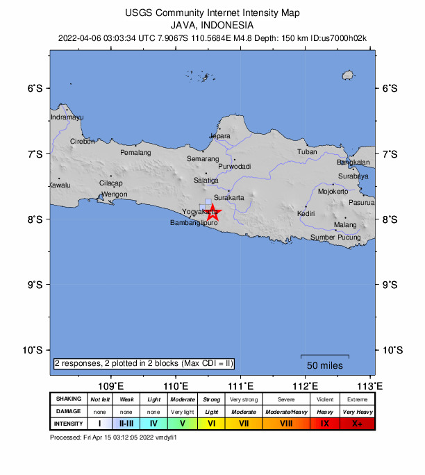 USGS DYFI community-reported intensity map for the M4.8 earthquake near 18 km S of Wedi, Indonesia