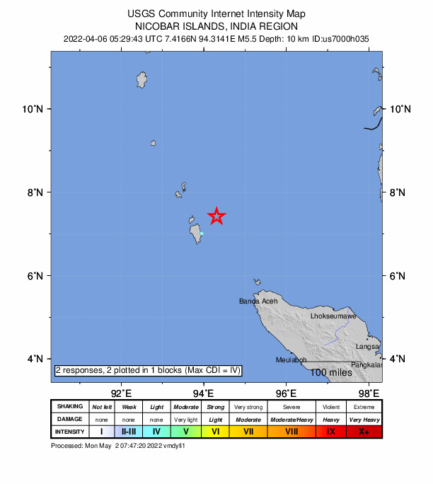 USGS DYFI community-reported intensity map for the M5.5 earthquake near 202 km NNW of Sabang, Indonesia