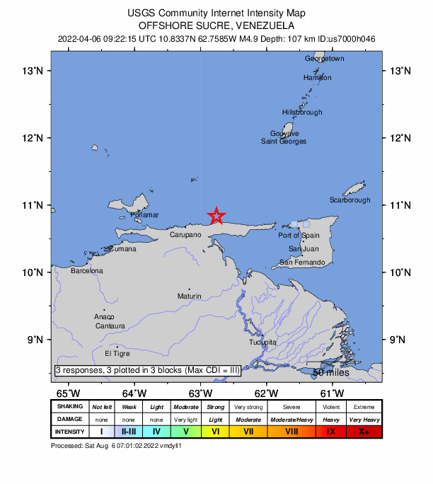USGS DYFI community-reported intensity map for the M4.9 earthquake near 57 km ENE of Carúpano, Venezuela