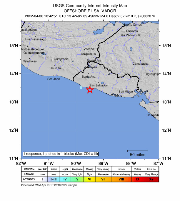 USGS DYFI community-reported intensity map for the M4.6 earthquake near El Salvador