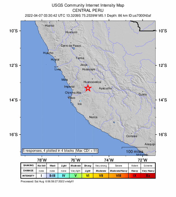 USGS DYFI community-reported intensity map for the M5.1 earthquake near 13 km ESE of Cocas, Peru