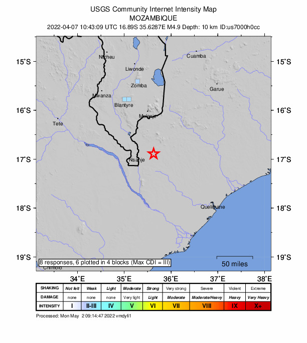 USGS DYFI community-reported intensity map for the M4.9 earthquake near 40 km E of Nsanje, Malawi