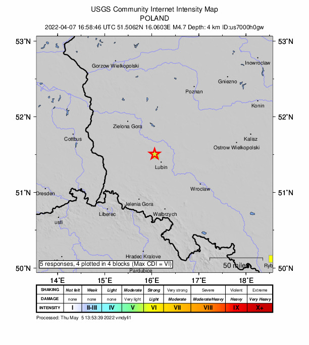 USGS DYFI community-reported intensity map for the M4.7 earthquake near 0 km SSE of Polkowice, Poland