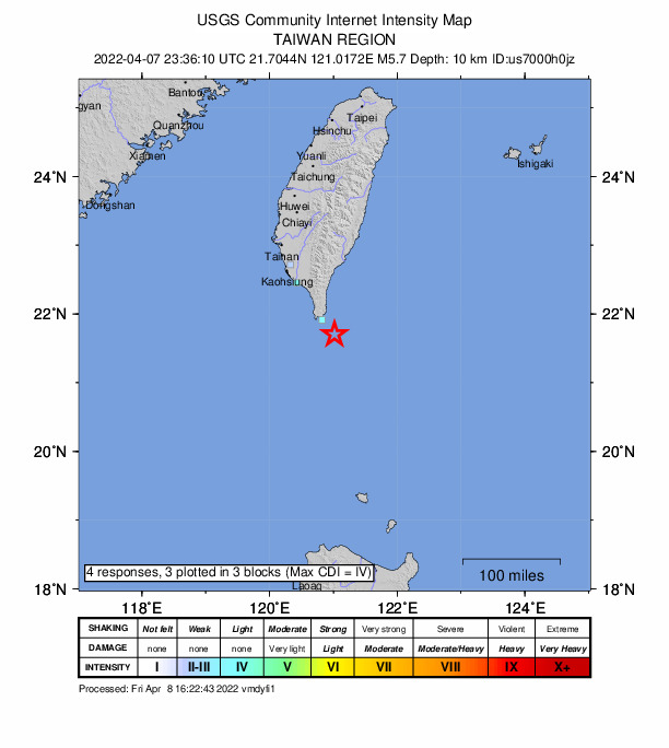 USGS DYFI community-reported intensity map for the M5.7 earthquake near 45 km SE of Hengchun, Taiwan