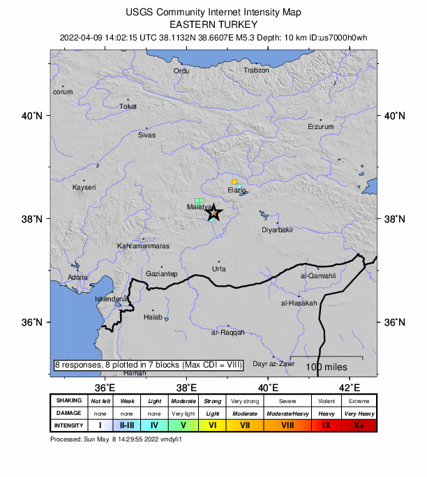 USGS DYFI community-reported intensity map for the M5.3 earthquake near 9 km NNE of Sincik, Turkey