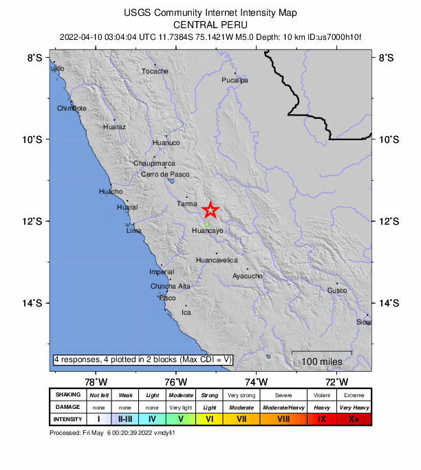 USGS DYFI community-reported intensity map for the M5.0 earthquake near 6 km WSW of Comas, Peru