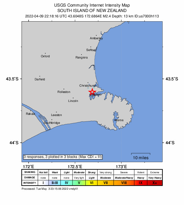 USGS DYFI community-reported intensity map for the M2.4 earthquake near 9 km SSE of Christchurch, New Zealand